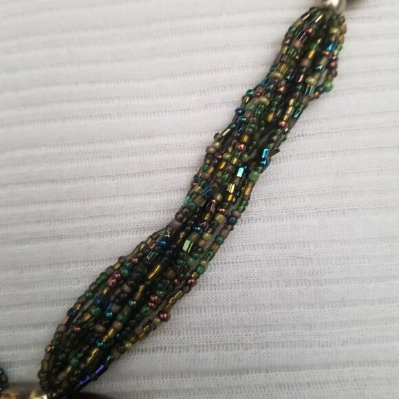Multi-Strand Seed Bead Necklace with Heart Pendant Green Brown Blue - Picture 4 of 6